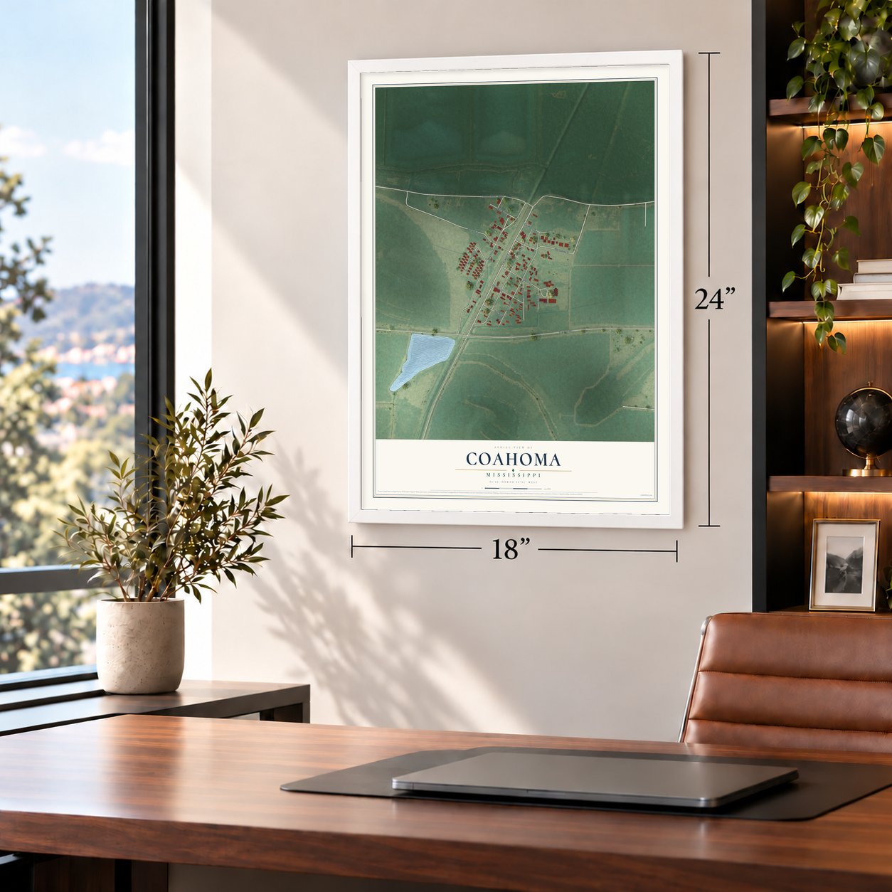 Coahoma, Mississippi map, 18 x 24 inch print in a white frame in a home office