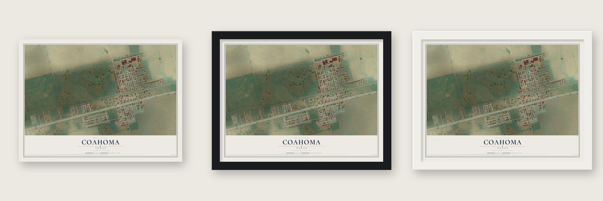 Coahoma, Texas map unframed, in a black wood frame and in a white wood frame