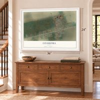 Coahoma, Texas map, 24 x 36 inch print in a white frame above a dresser by a staircase