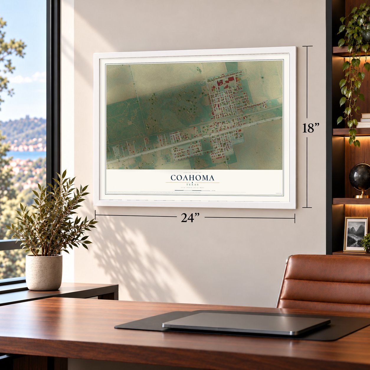 Coahoma, Texas map, 18 x 24 inch print in a white frame in a home office
