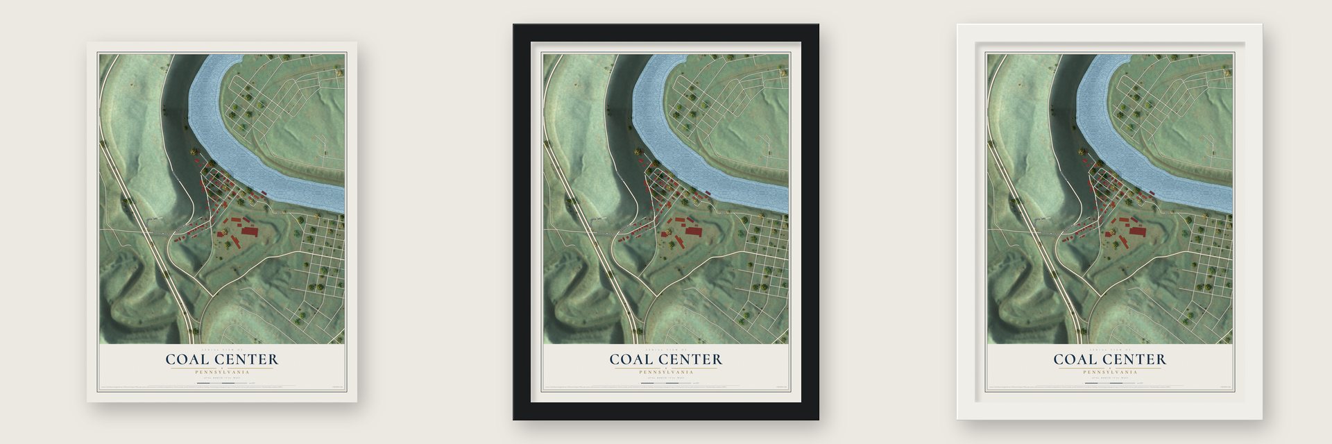 Coal Center, Pennsylvania map unframed, in a black wood frame and in a white wood frame