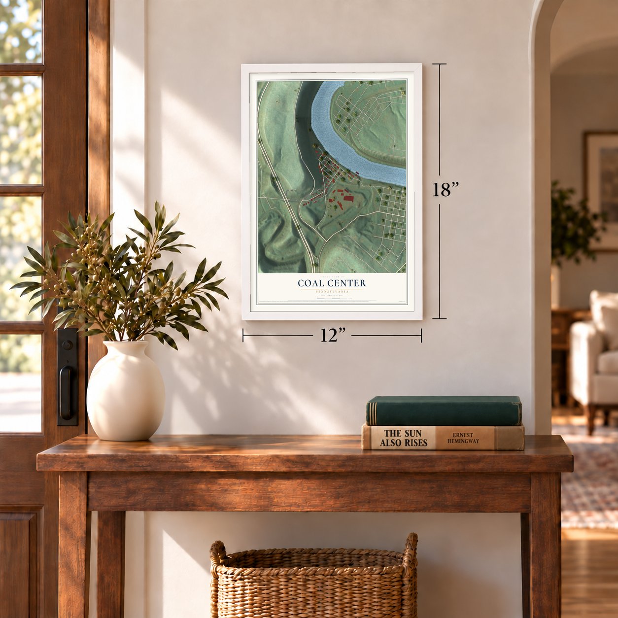 Coal Center, Pennsylvania map, 12 x 18 inch print in a white frame in an entryway