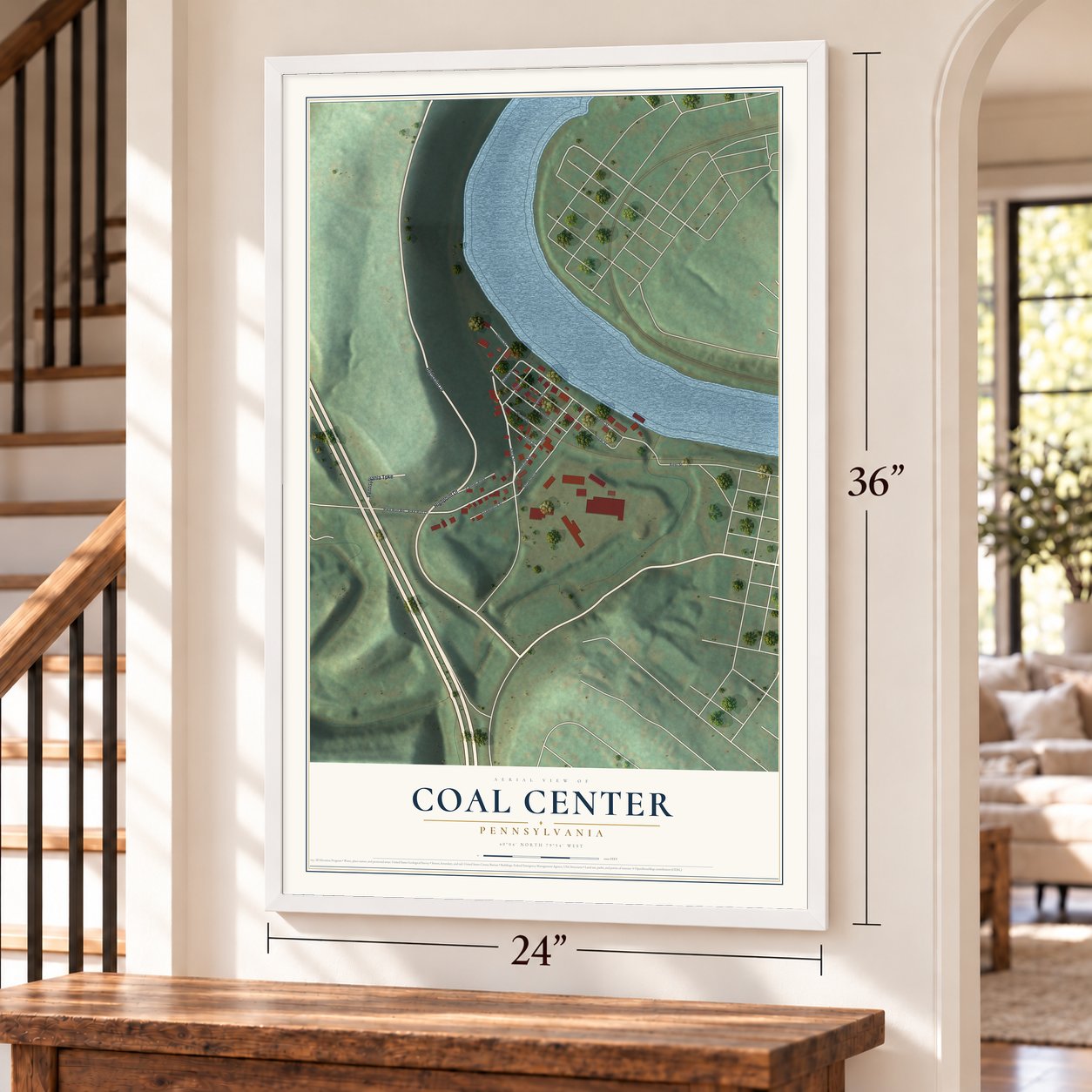 Coal Center, Pennsylvania map, 24 x 36 inch print in a white frame by a staircase