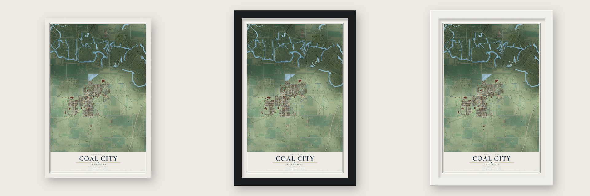 Coal City, Illinois map unframed, in a black wood frame and in a white wood frame