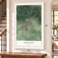 Coal City, Illinois map, 24 x 36 inch print in a white frame by a staircase