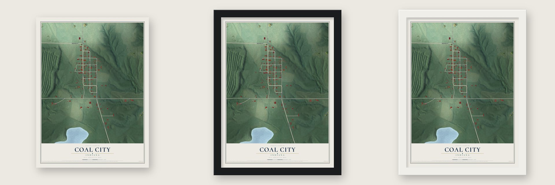 Coal City, Indiana map unframed, in a black wood frame and in a white wood frame