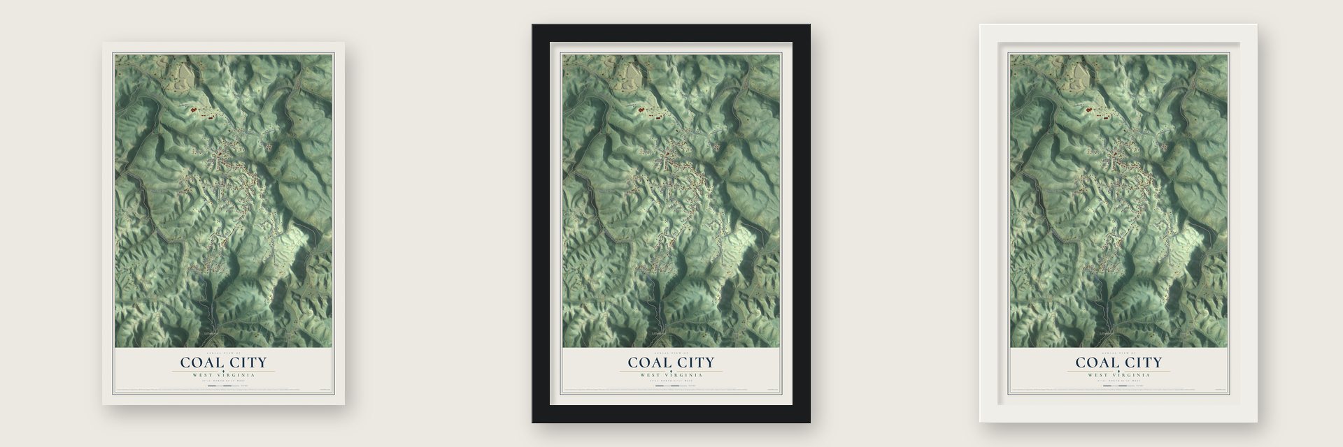 Coal City, West Virginia map unframed, in a black wood frame and in a white wood frame