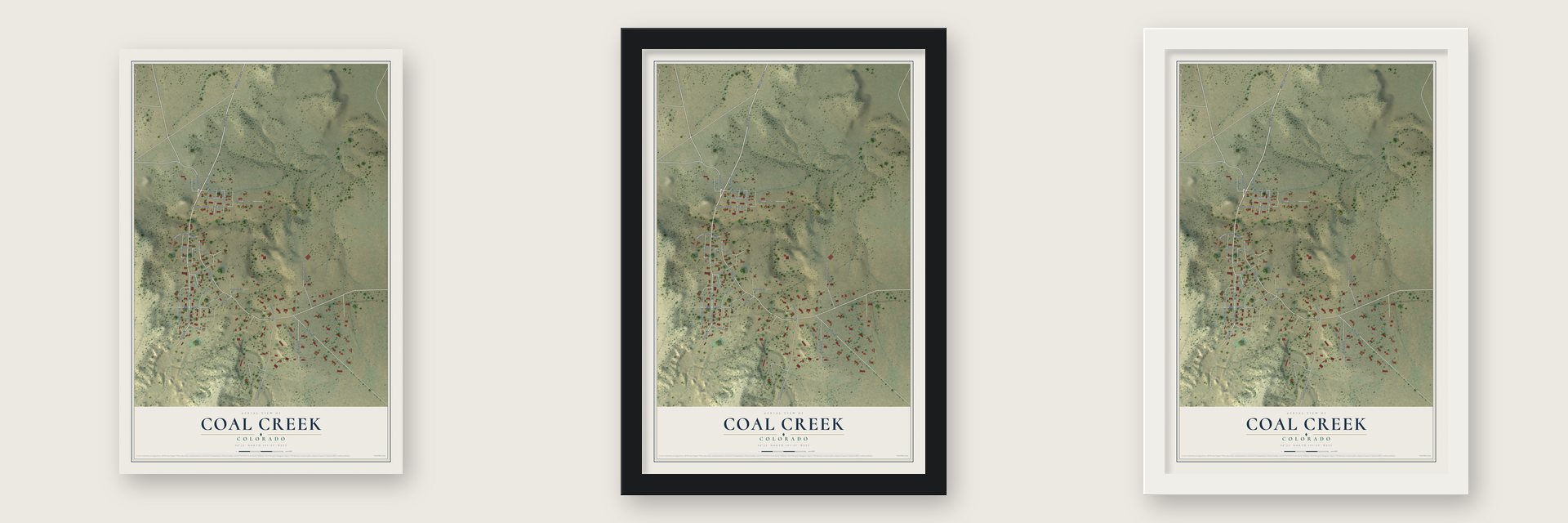 Coal Creek, Colorado map unframed, in a black wood frame and in a white wood frame