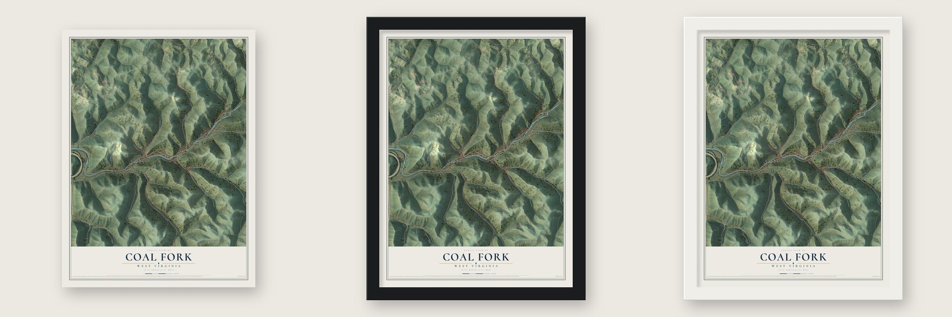 Coal Fork, West Virginia map unframed, in a black wood frame and in a white wood frame