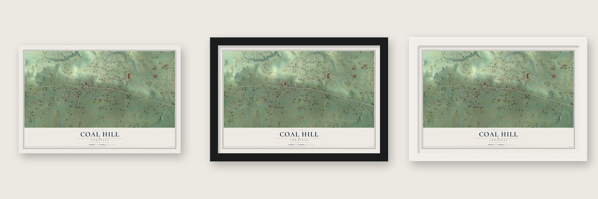 Coal Hill, Arkansas map unframed, in a black wood frame and in a white wood frame