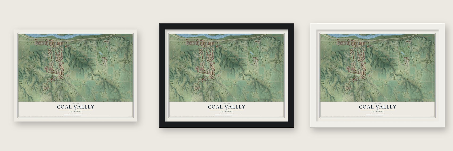 Coal Valley, Illinois map unframed, in a black wood frame and in a white wood frame