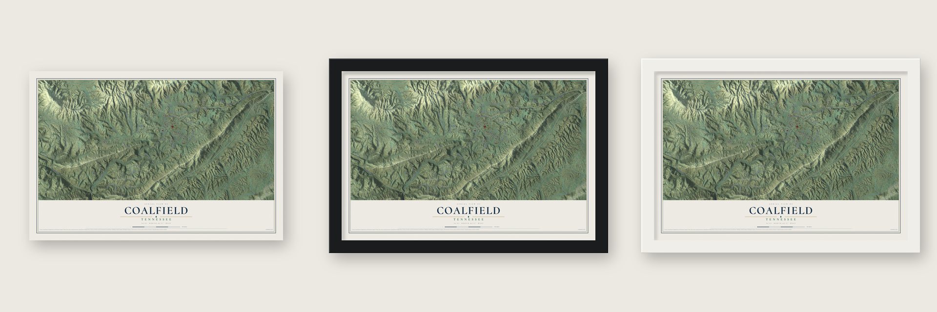 Coalfield, Tennessee map unframed, in a black wood frame and in a white wood frame