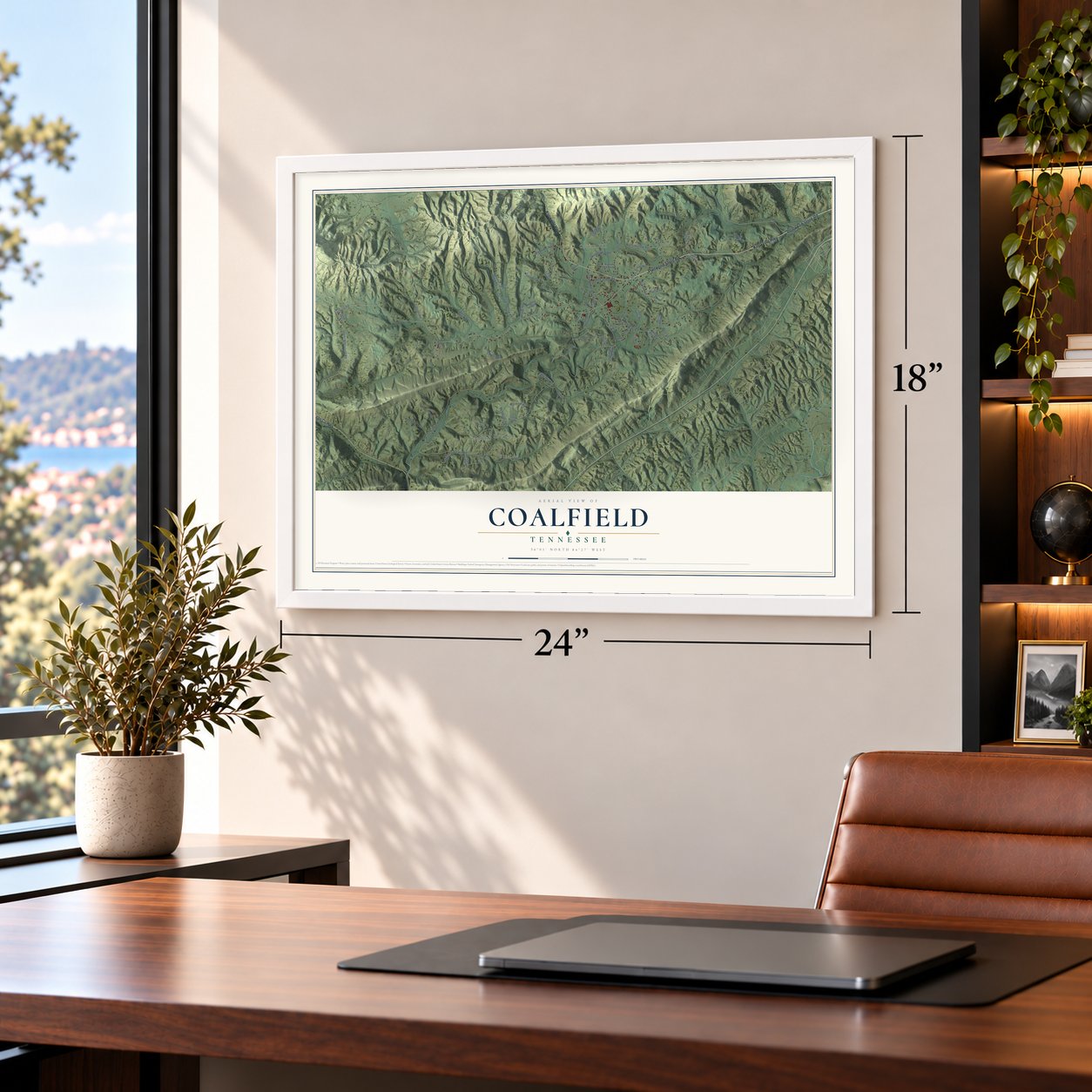 Coalfield, Tennessee map, 18 x 24 inch print in a white frame in a home office