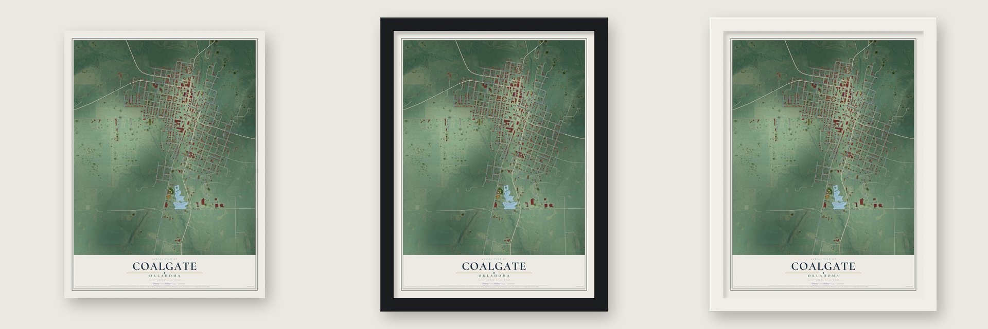 Coalgate, Oklahoma map unframed, in a black wood frame and in a white wood frame