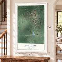 Coalgate, Oklahoma map, 24 x 36 inch print in a white frame by a staircase