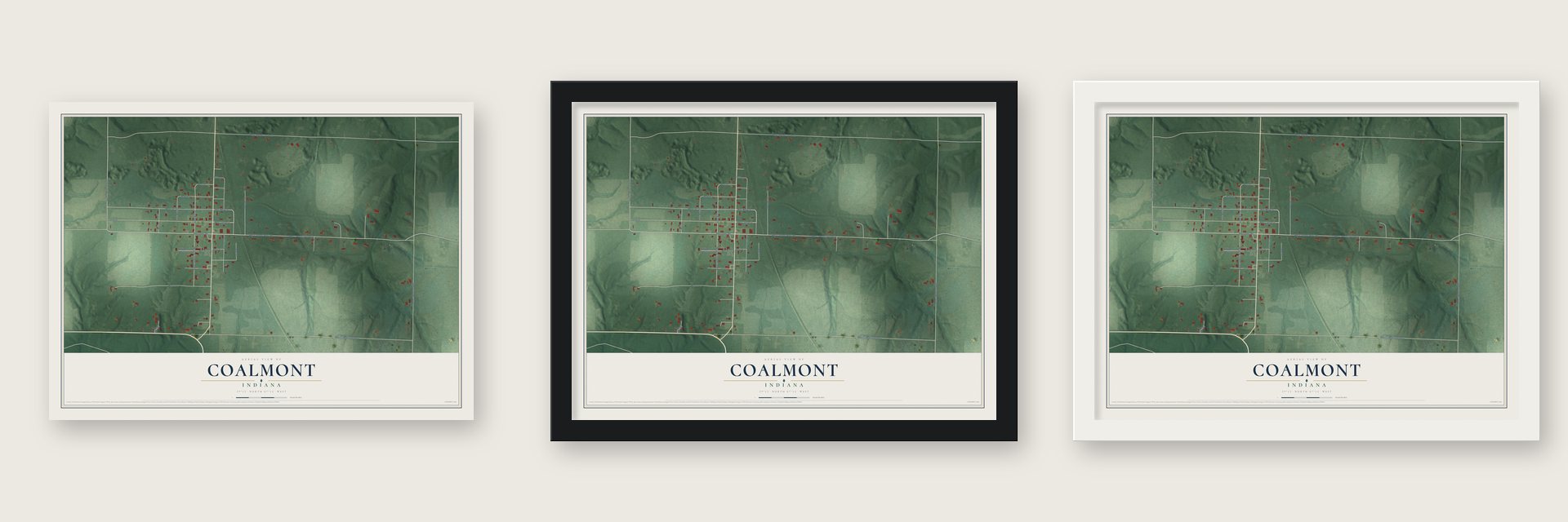 Coalmont, Indiana map unframed, in a black wood frame and in a white wood frame