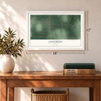 Coalmont, Indiana map, 12 x 18 inch print in a white frame in an entryway