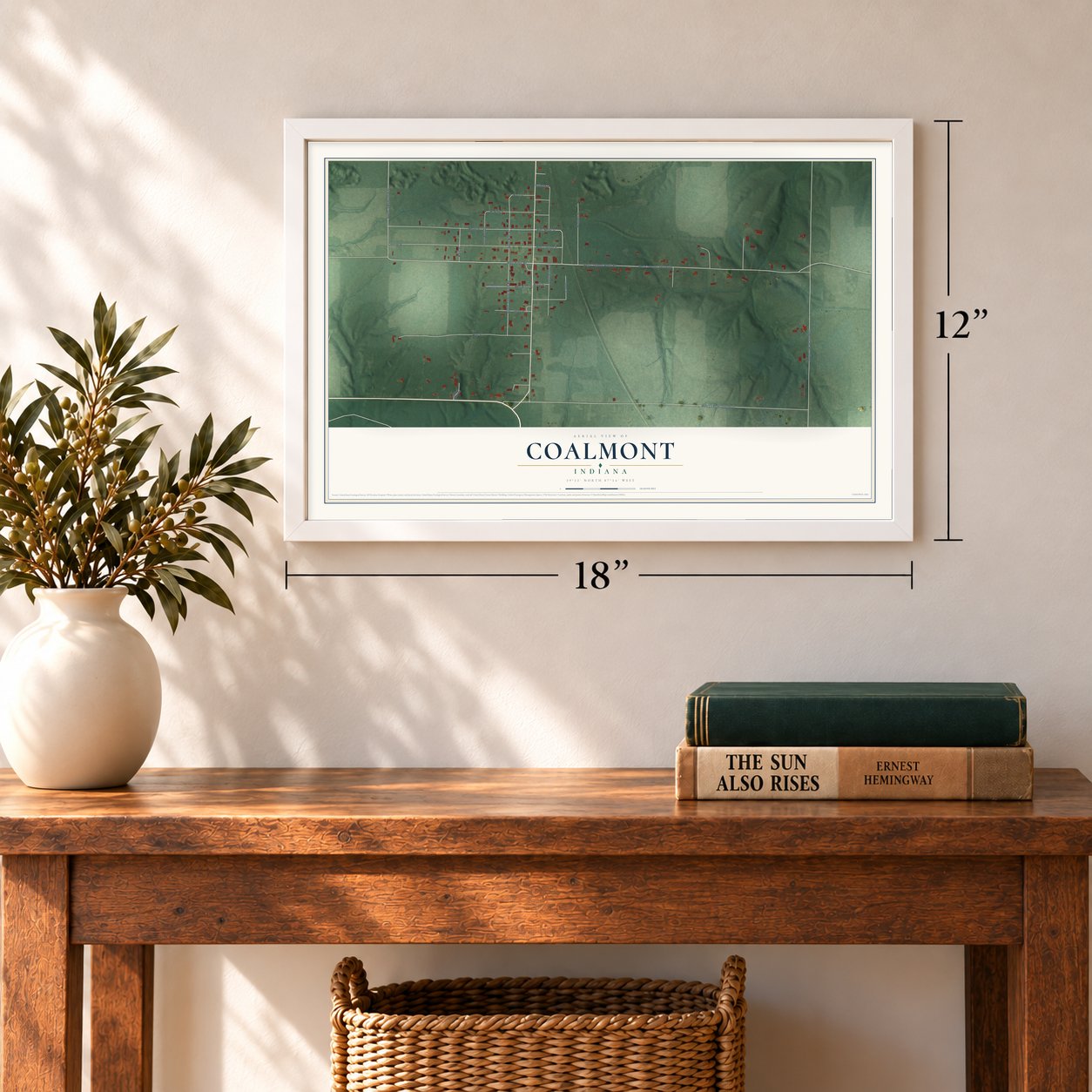 Coalmont, Indiana map, 12 x 18 inch print in a white frame in an entryway