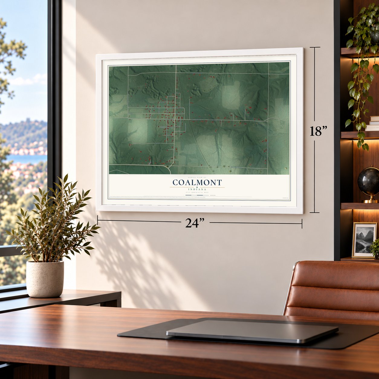 Coalmont, Indiana map, 18 x 24 inch print in a white frame in a home office