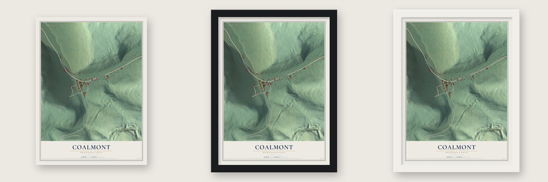 Coalmont, Pennsylvania map unframed, in a black wood frame and in a white wood frame