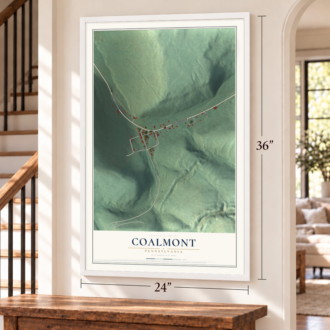 Coalmont, Pennsylvania map, 24 x 36 inch print in a white frame by a staircase