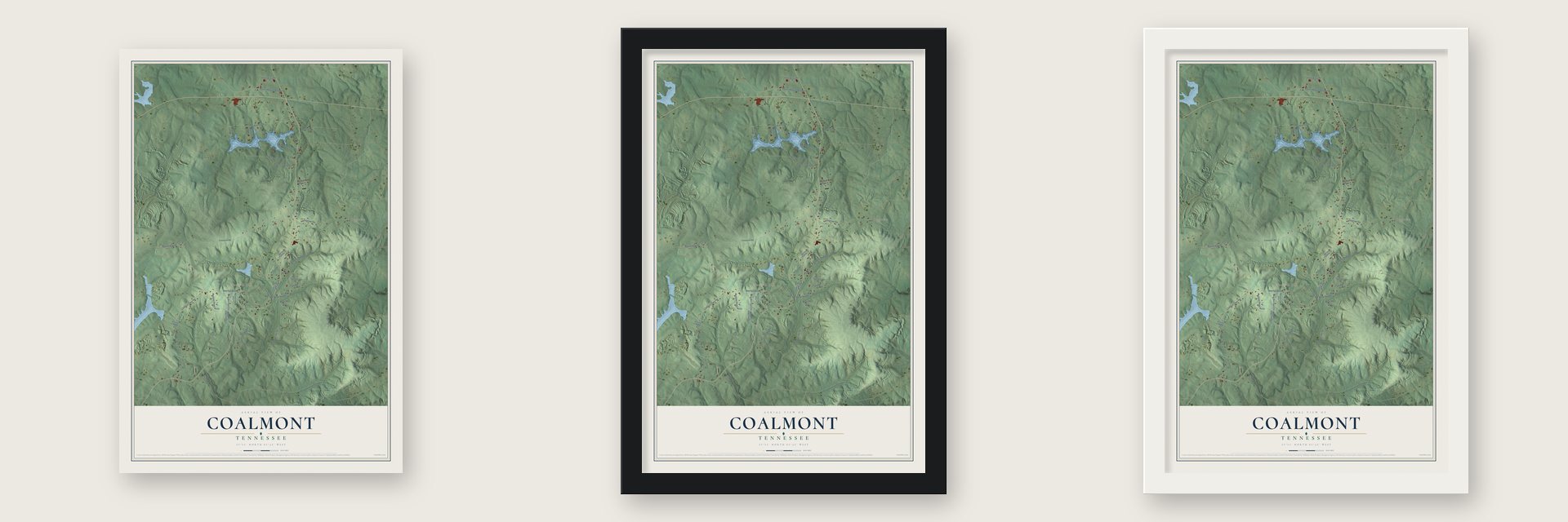 Coalmont, Tennessee map unframed, in a black wood frame and in a white wood frame