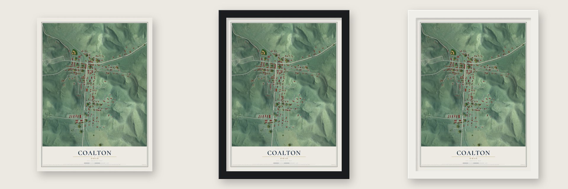 Coalton, Ohio map unframed, in a black wood frame and in a white wood frame