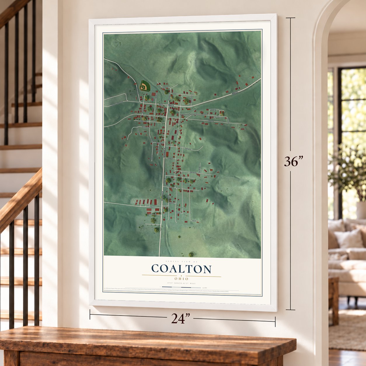 Coalton, Ohio map, 24 x 36 inch print in a white frame by a staircase