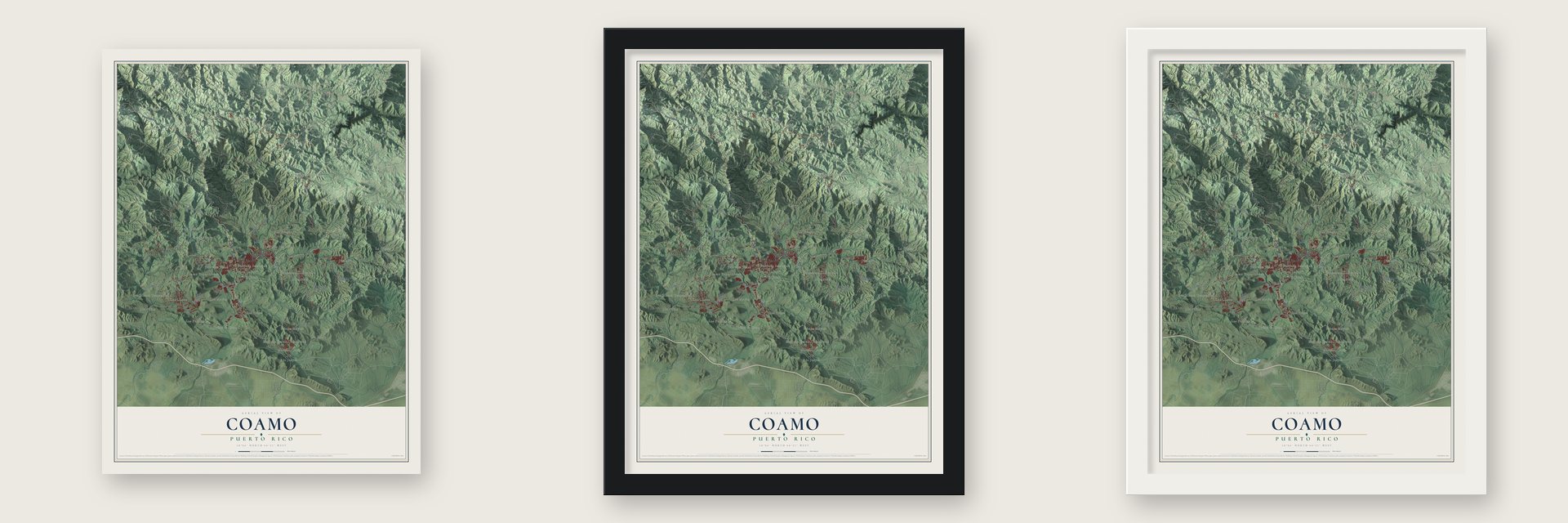 Coamo, Puerto Rico map unframed, in a black wood frame and in a white wood frame