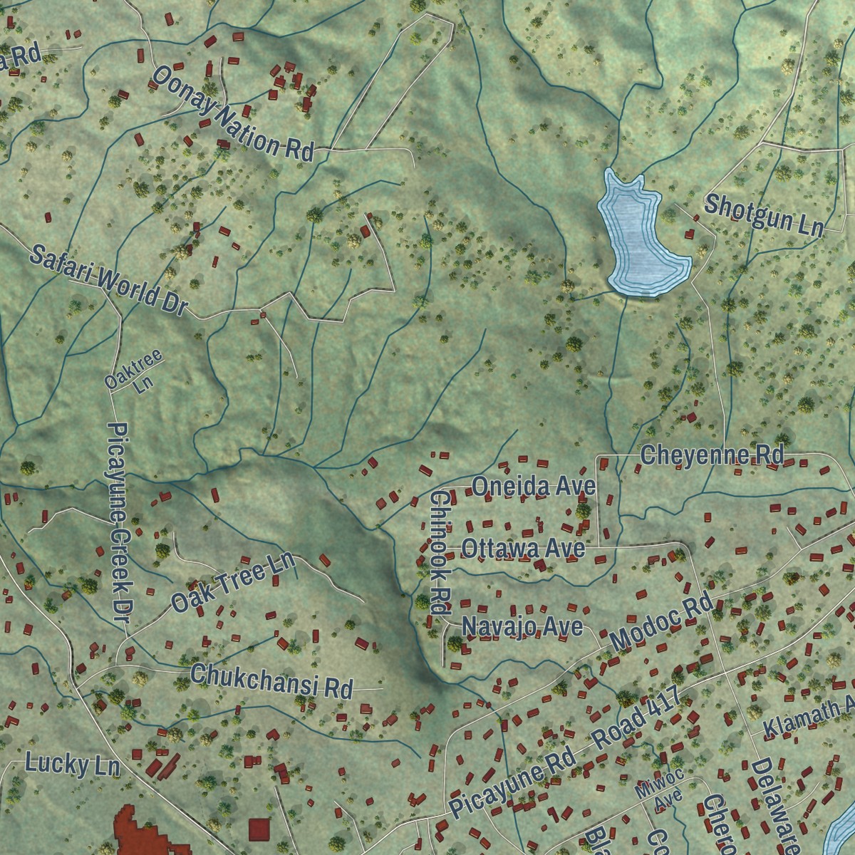 Second close-up of the map of Coarsegold, California print showing more streets and buildings