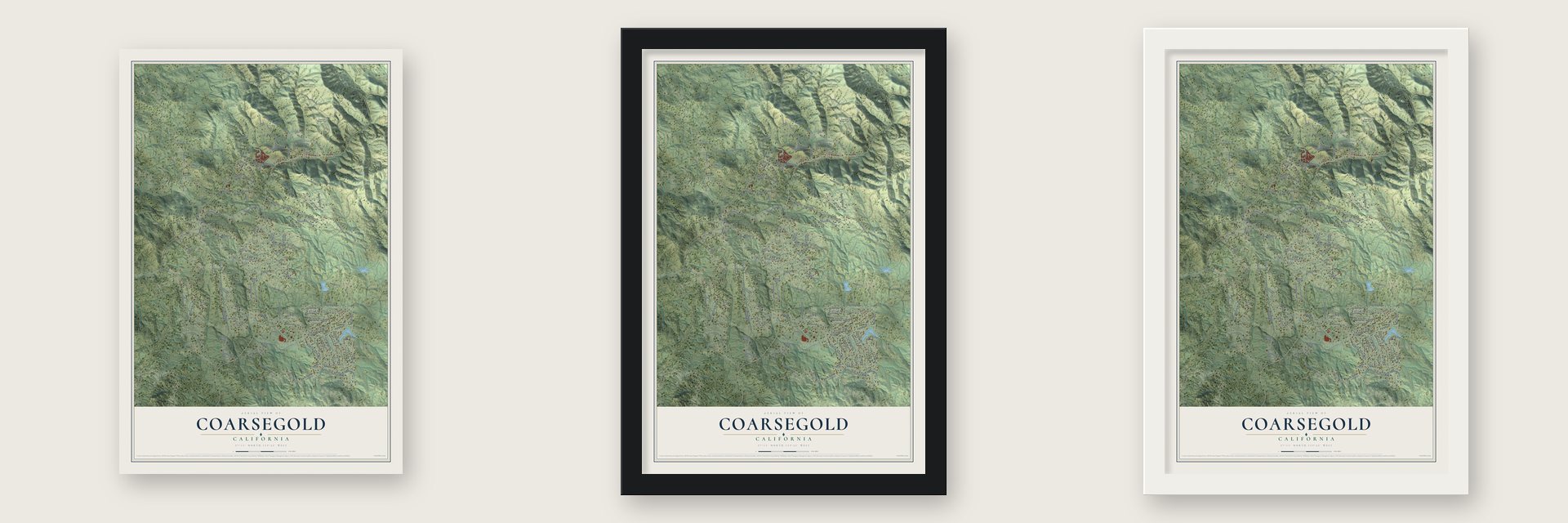 Coarsegold, California map unframed, in a black wood frame and in a white wood frame
