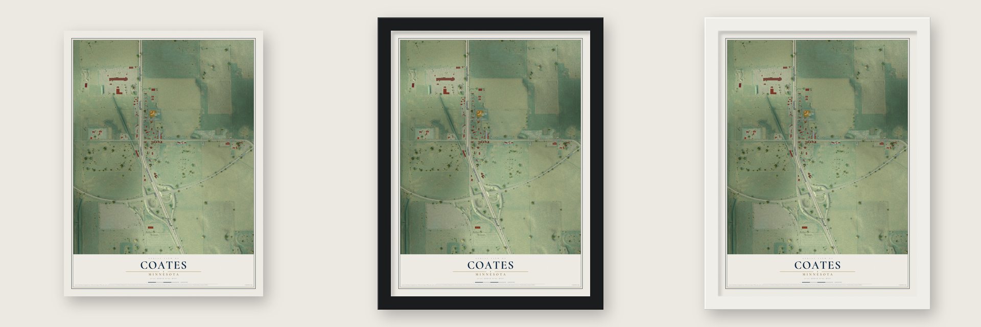 Coates, Minnesota map unframed, in a black wood frame and in a white wood frame