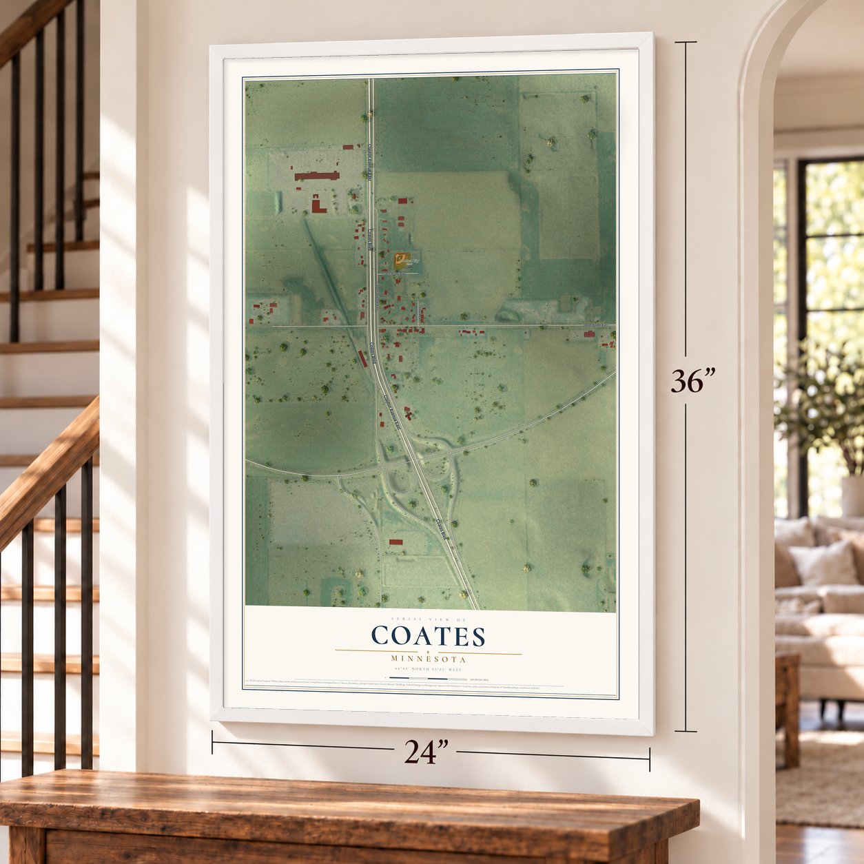 Coates, Minnesota map, 24 x 36 inch print in a white frame by a staircase
