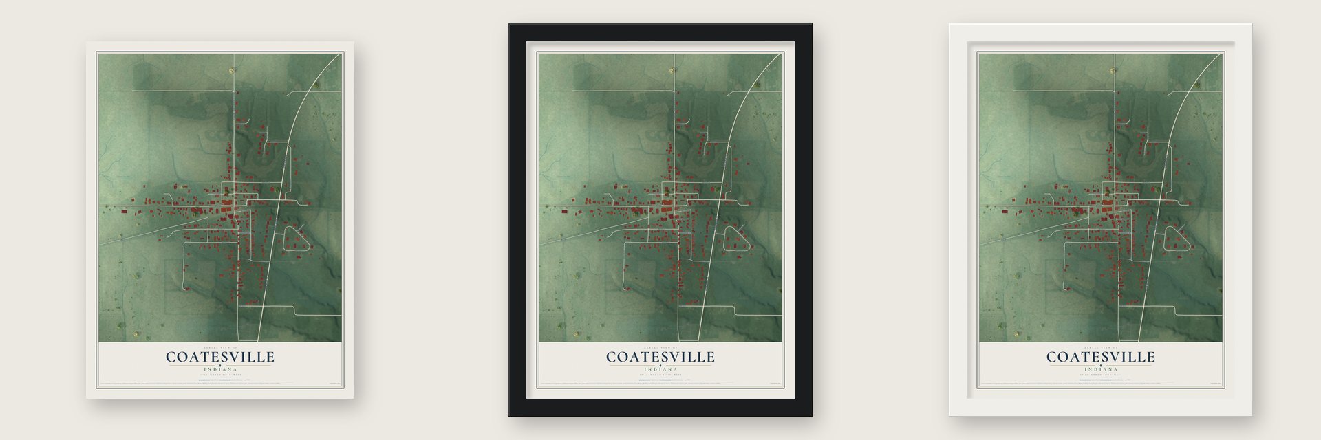 Coatesville, Indiana map unframed, in a black wood frame and in a white wood frame