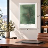 Coatesville, Indiana map, 18 x 24 inch print in a white frame in a home office
