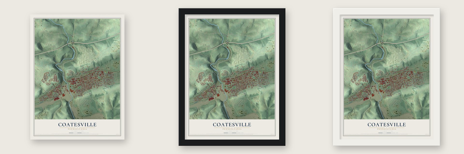 Coatesville, Pennsylvania map unframed, in a black wood frame and in a white wood frame