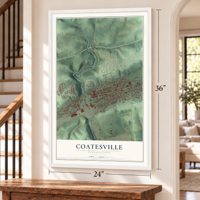 Coatesville, Pennsylvania map, 24 x 36 inch print in a white frame by a staircase