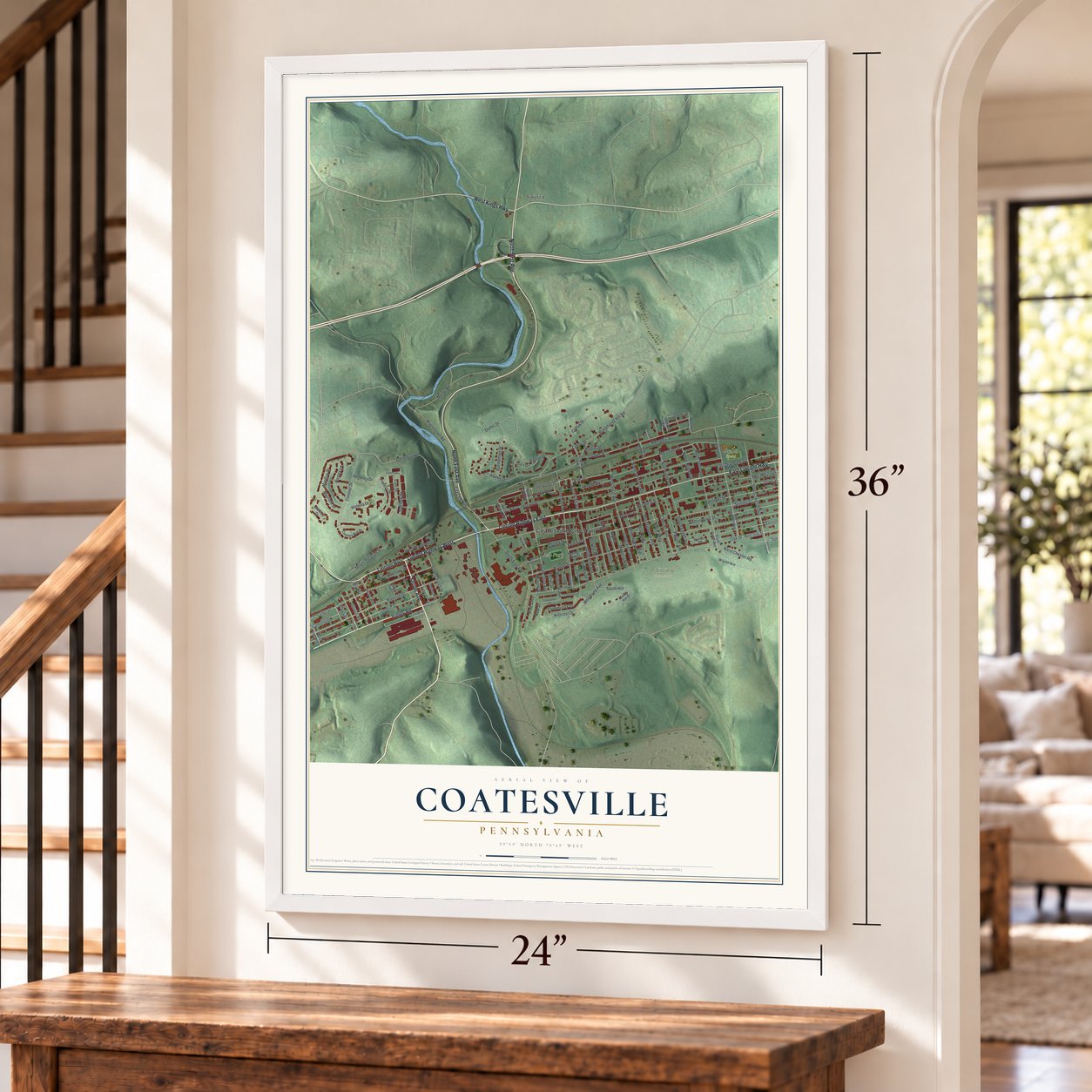 Coatesville, Pennsylvania map, 24 x 36 inch print in a white frame by a staircase