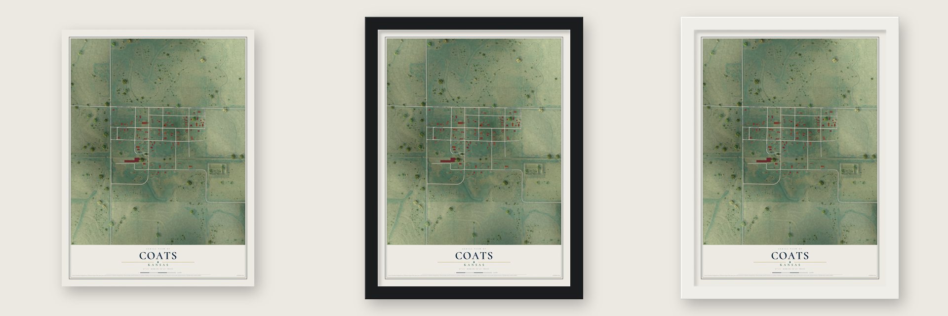 Coats, Kansas map unframed, in a black wood frame and in a white wood frame