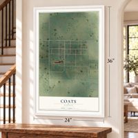 Coats, Kansas map, 24 x 36 inch print in a white frame by a staircase