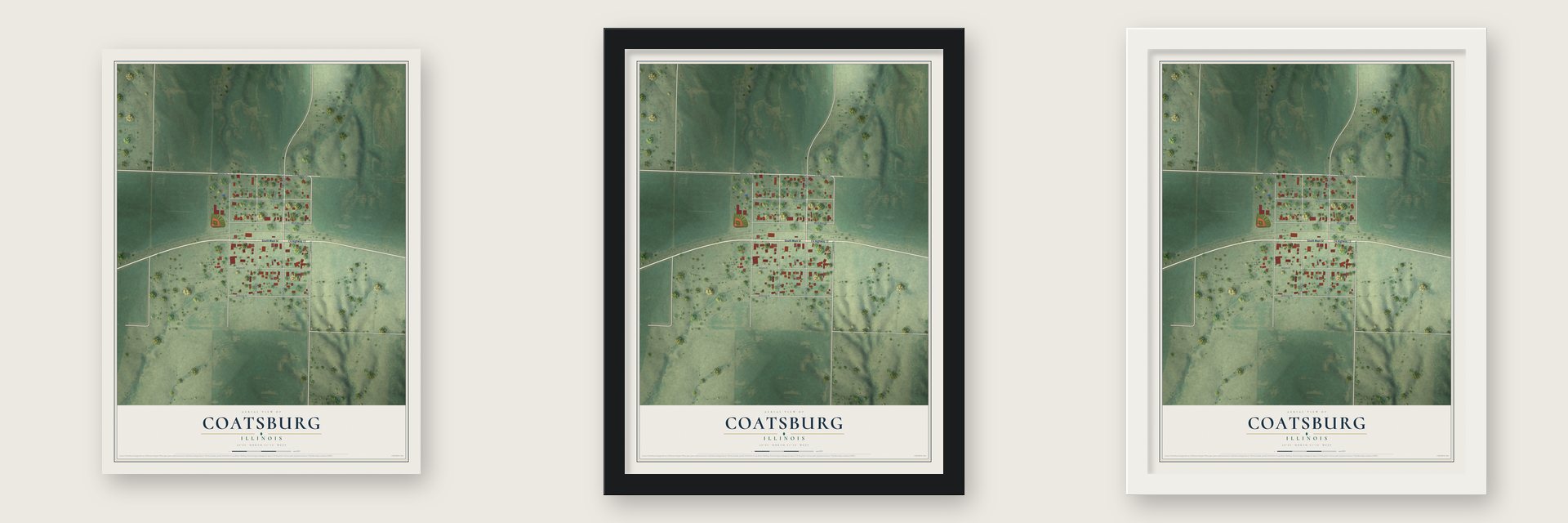 Coatsburg, Illinois map unframed, in a black wood frame and in a white wood frame
