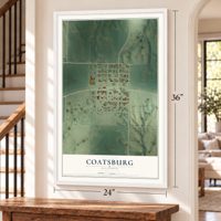 Coatsburg, Illinois map, 24 x 36 inch print in a white frame by a staircase