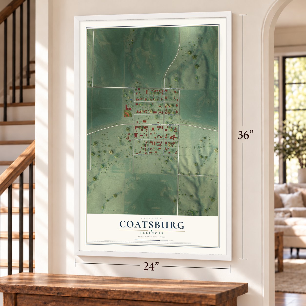 Coatsburg, Illinois map, 24 x 36 inch print in a white frame by a staircase