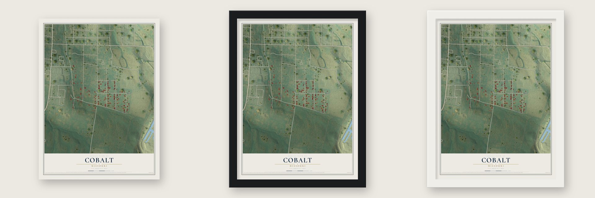 Cobalt, Missouri map unframed, in a black wood frame and in a white wood frame