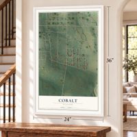 Cobalt, Missouri map, 24 x 36 inch print in a white frame by a staircase