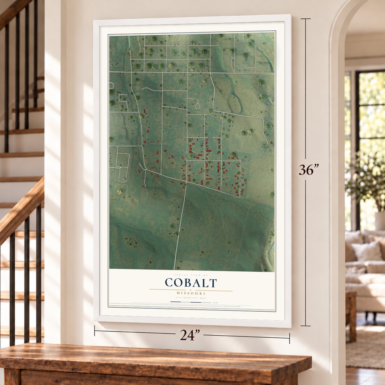 Cobalt, Missouri map, 24 x 36 inch print in a white frame by a staircase