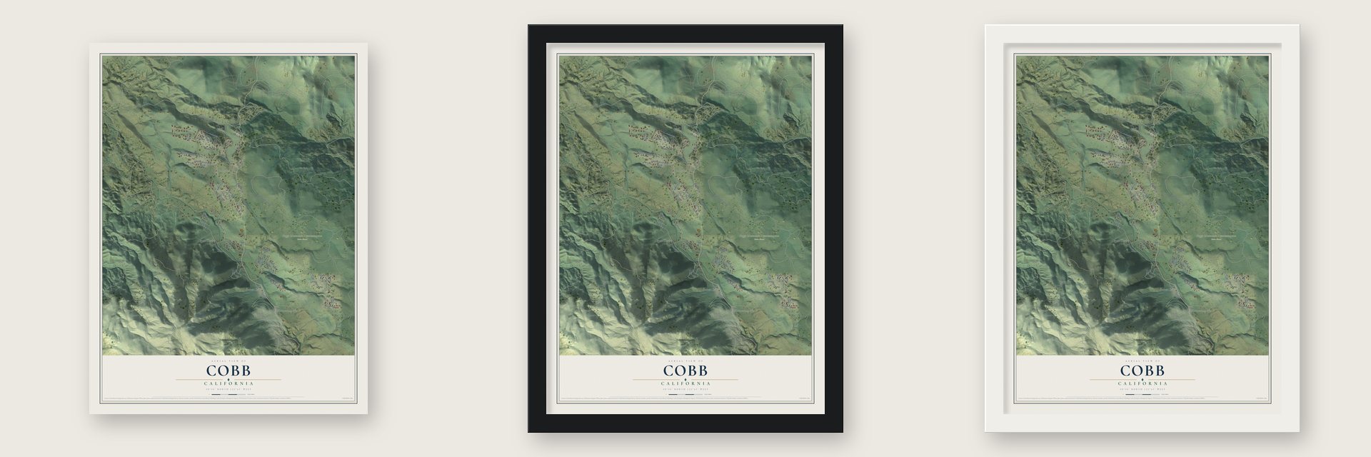 Cobb, California map unframed, in a black wood frame and in a white wood frame