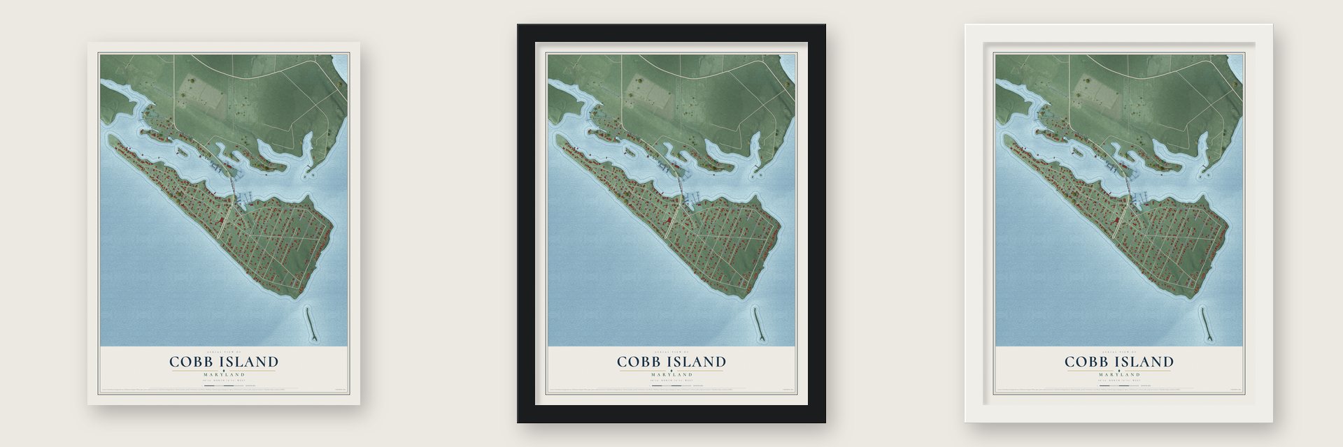 Cobb Island, Maryland map unframed, in a black wood frame and in a white wood frame