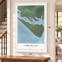 Cobb Island, Maryland map, 24 x 36 inch print in a white frame by a staircase