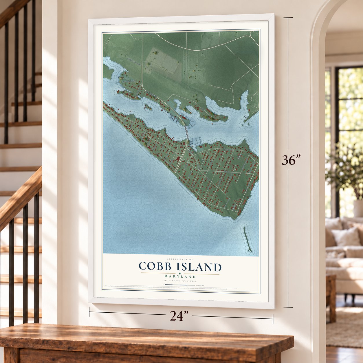 Cobb Island, Maryland map, 24 x 36 inch print in a white frame by a staircase